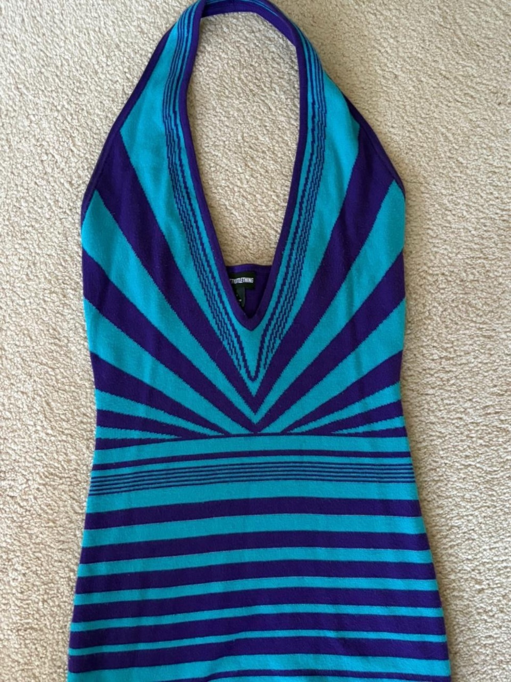 PrettyLittleThing Teal and Purple Striped Knit Halter Dress